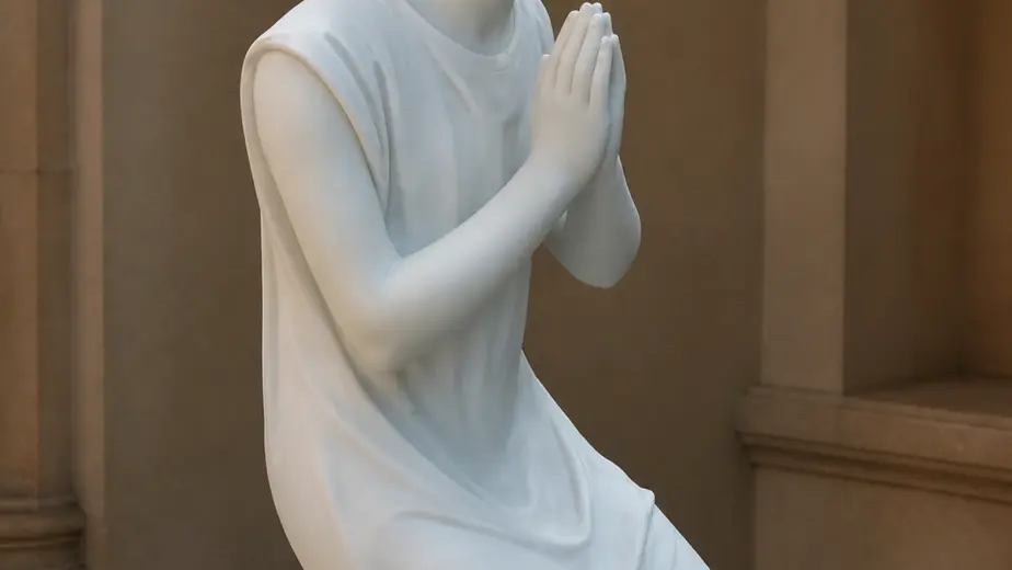 Addolorata inginocchiata in preghiera in marmo bianco, con figura inginocchiata con mani unite e sguardo rivolto verso l'alto