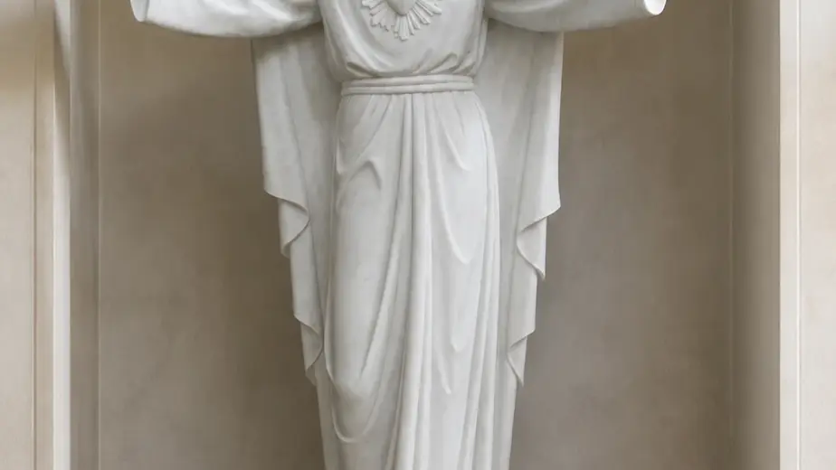 Cristo redentore a braccia aperte in marmo bianco, con figura frontale con braccia distese, veste lunga ed emblema sul petto