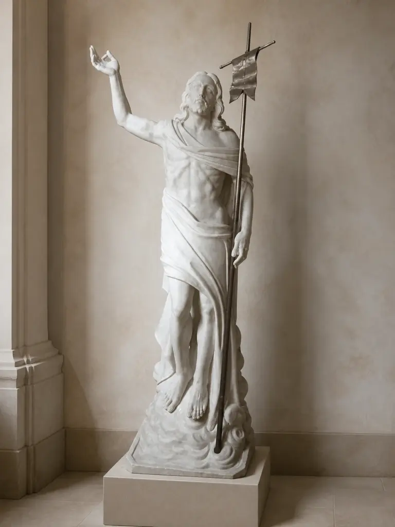 Cristo risorto in marmo bianco carrara, con figura con braccio alzato, asta e panneggio scolpito
