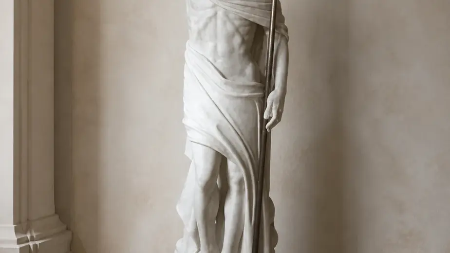 Cristo risorto in marmo bianco carrara, con figura con braccio alzato, asta e panneggio scolpito