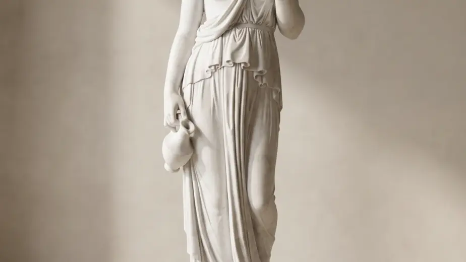 Statua ebe di thorvaldsen in marmo bianco, con figura femminile panneggiata che regge una coppa e una brocca