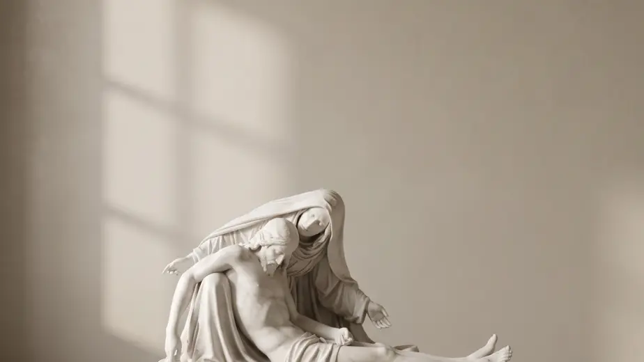 Figura femminile inginocchiata in preghiera in marmo, con figura inginocchiata con mani giunte e veste lunga