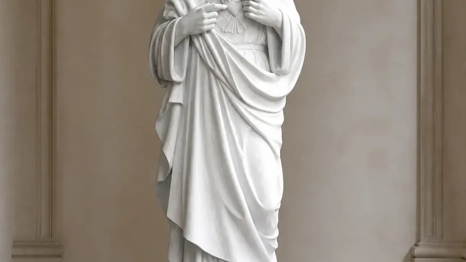 Sacro cuore di gesù in marmo carrara, con figura di Cristo con emblema sul petto e veste panneggiata
