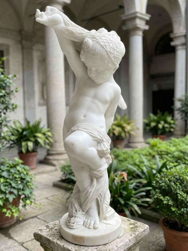 Statua Putto Pescatore in Marmo Bianco di Carrara