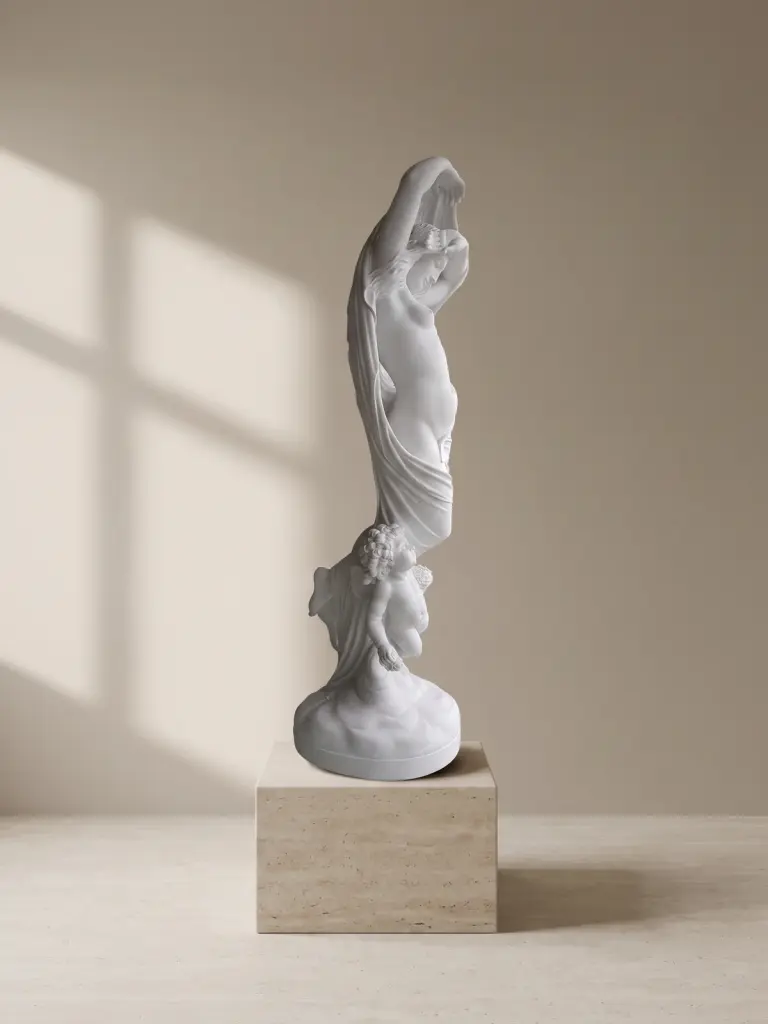 Statua la notte in marmo bianco carrara, con figura femminile inclinata con panneggio e putto alla base