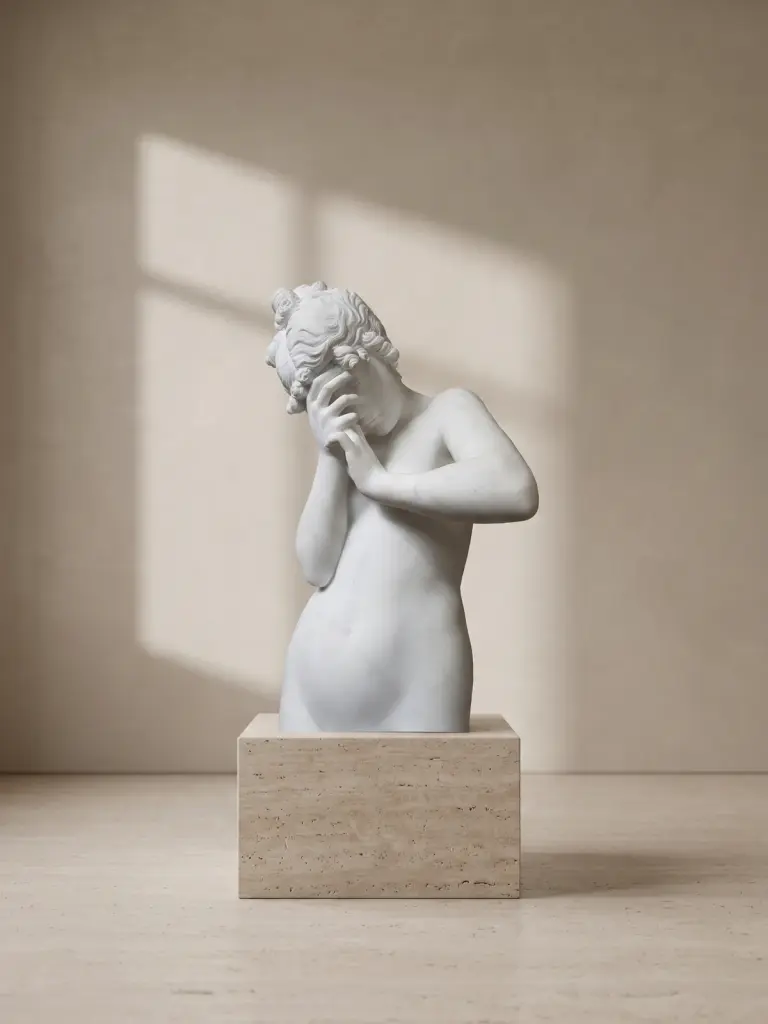 Statua la timidezza in marmo bianco carrara, con figura femminile con il volto nascosto tra le mani
