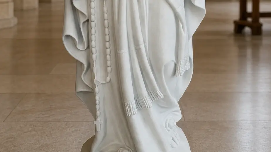 Madonna di lourdes in marmo bianco, con figura con veste lunga, rosario e rose scolpite alla base