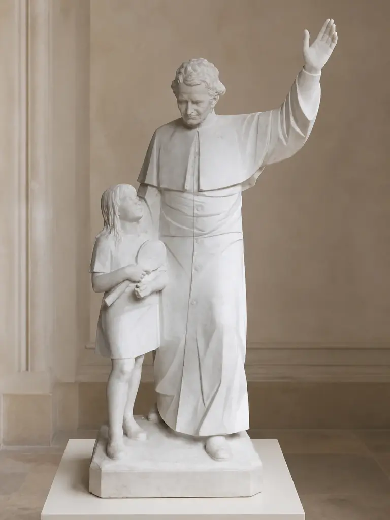 Don bosco e laura in marmo bianco, con gruppo con figura religiosa, bambina e gesto benedicente