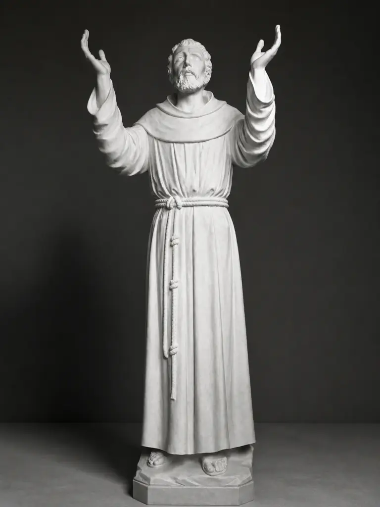 San Francesco d’Assisi in saio scolpito in marmo bianco di Carrara