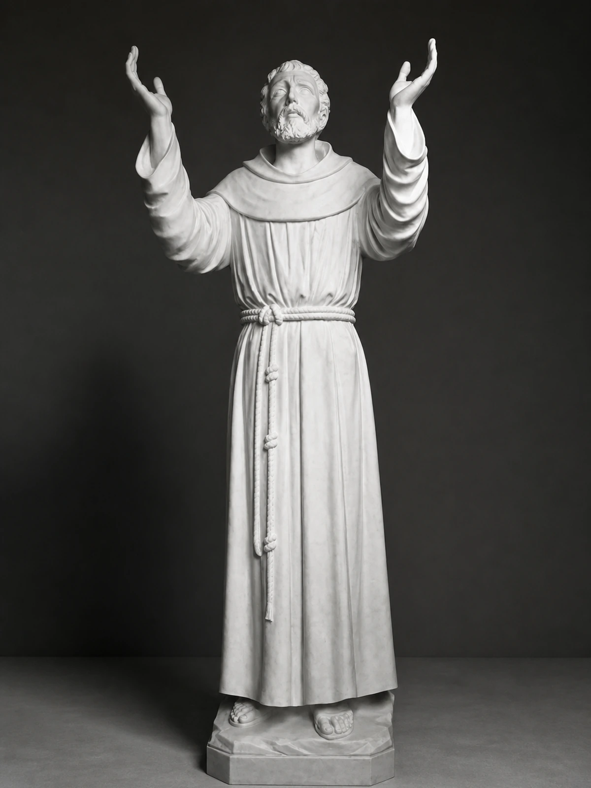 San Francesco d’Assisi in saio scolpito in marmo bianco di Carrara