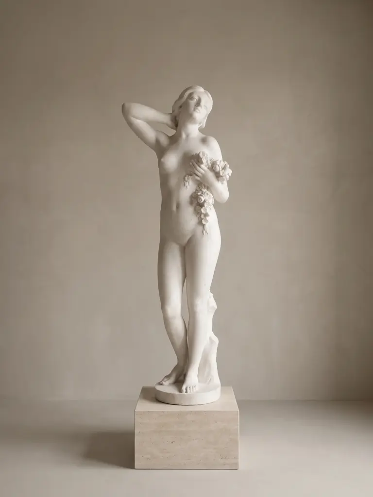 Venere con tralcio di fiori in marmo, con figura femminile che sorregge una ricca composizione floreale