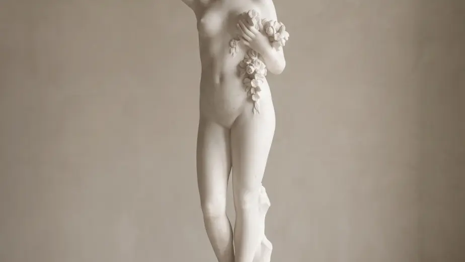 Venere con tralcio di fiori in marmo, con figura femminile che sorregge una ricca composizione floreale