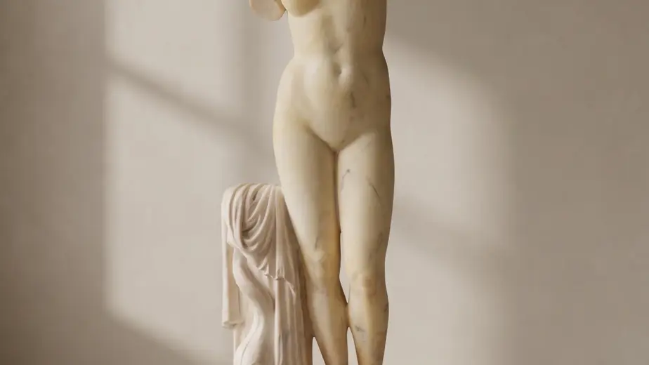 Venere di cirene in marmo bianco anticato, con figura femminile acefala con panneggio appoggiato al sostegno laterale