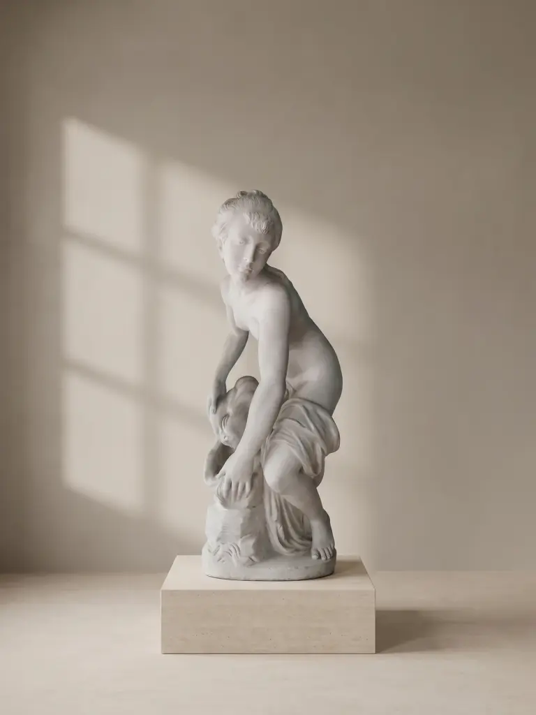 Venere ragazza alla fonte in marmo bianco, con figura femminile seduta accanto a un'anfora con panneggio scolpito