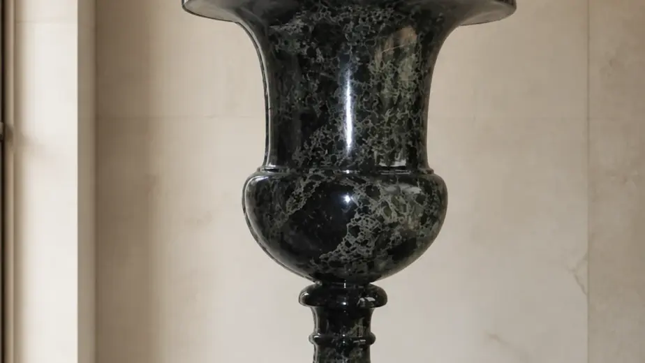 Vaso mediceo in marmo verde levanto lucidato, con vaso scuro con bocca svasata, piede tornito e base quadrata