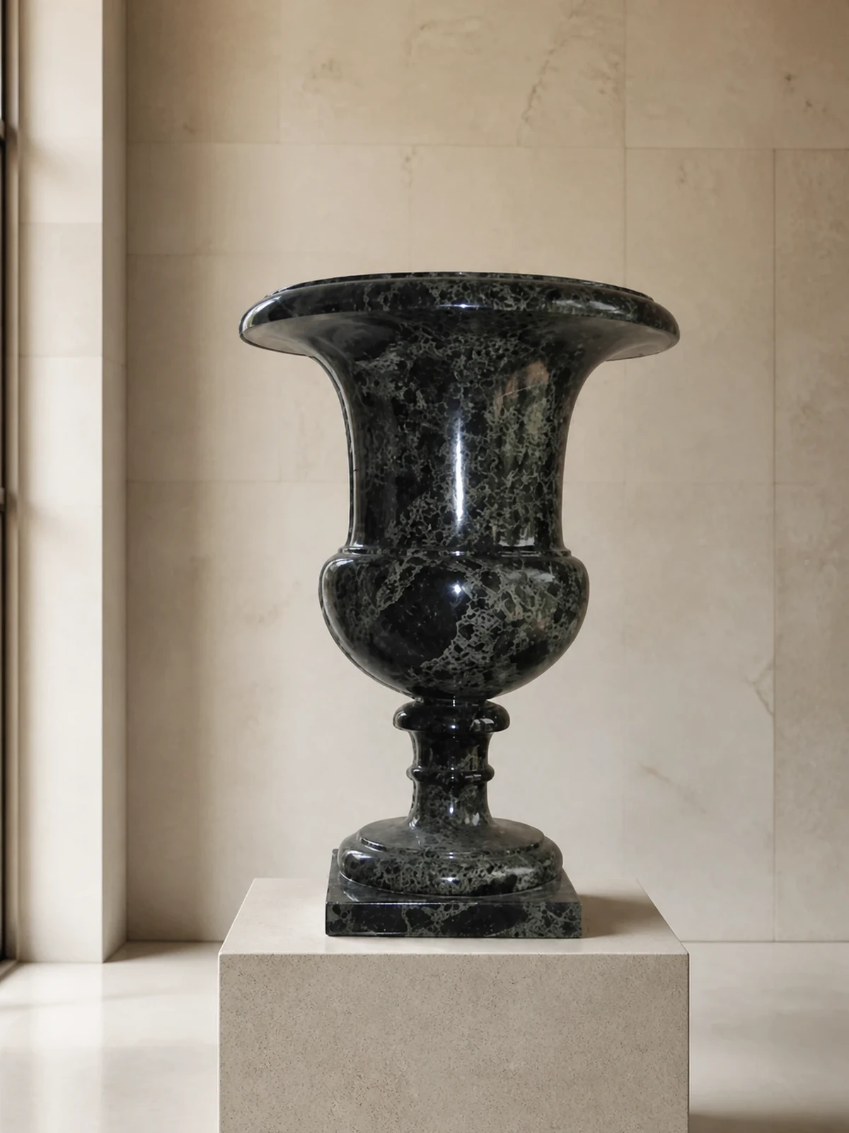 Vaso mediceo in marmo verde levanto lucidato, con vaso scuro con bocca svasata, piede tornito e base quadrata