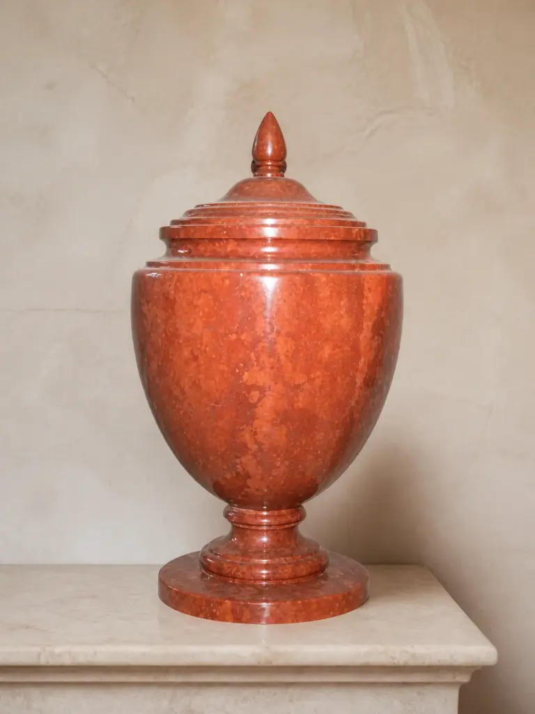 Vaso ornamentale in marmo rosso porfirico antico, con urna con coperchio, corpo ovale, puntale e piede circolare