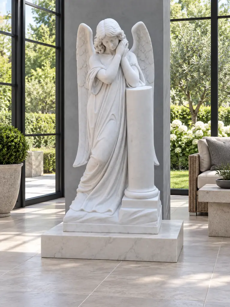 Angelo con colonna in marmo bianco, ambientazione in giardino inverno.