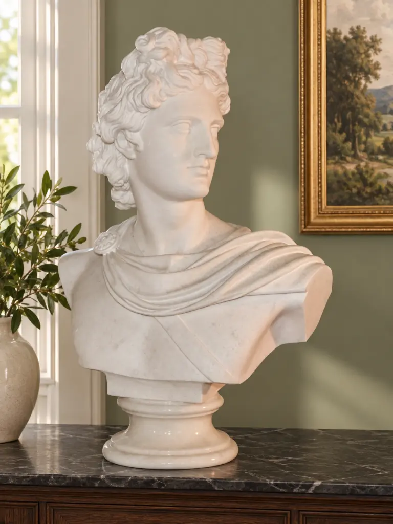 Busto Apollo del Belvedere in Marmo Bianco, ambientazione in domestico.