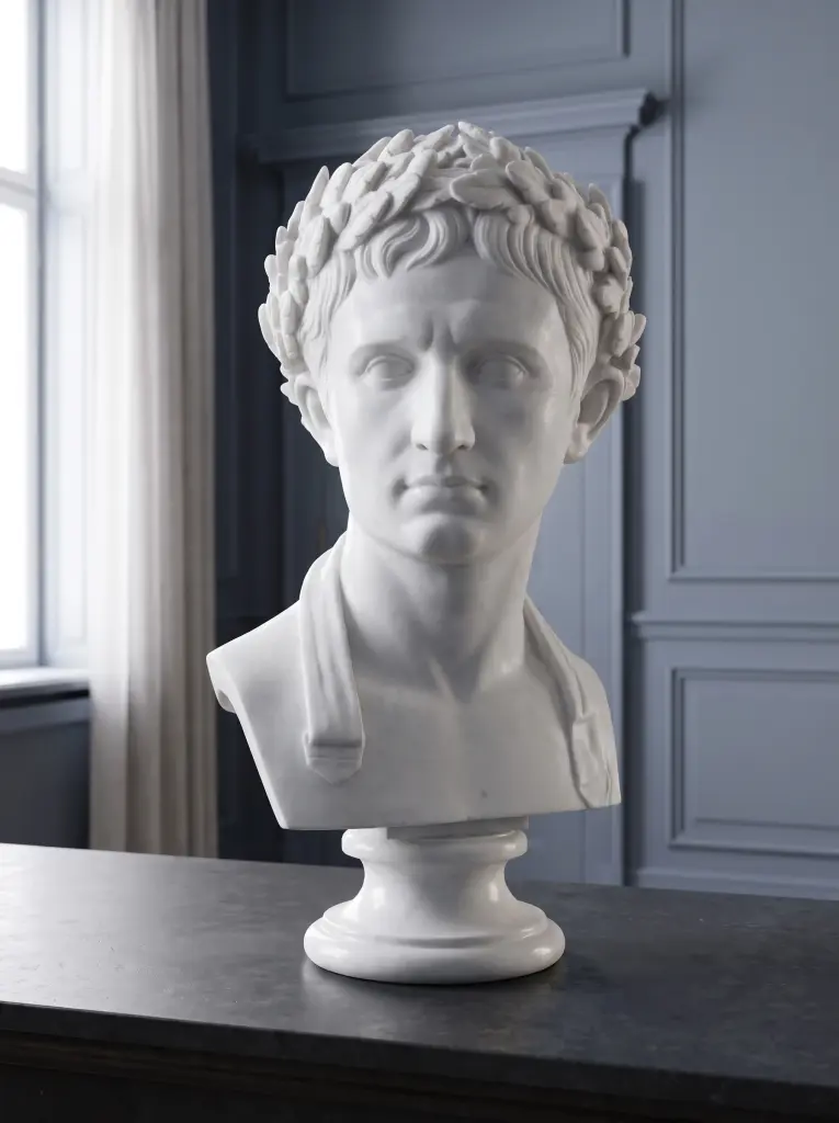 Busto Scultoreo di Cesare Augusto Incoronato Eseguito in Marmo Bianco Carrara Statuario, veduta frontale