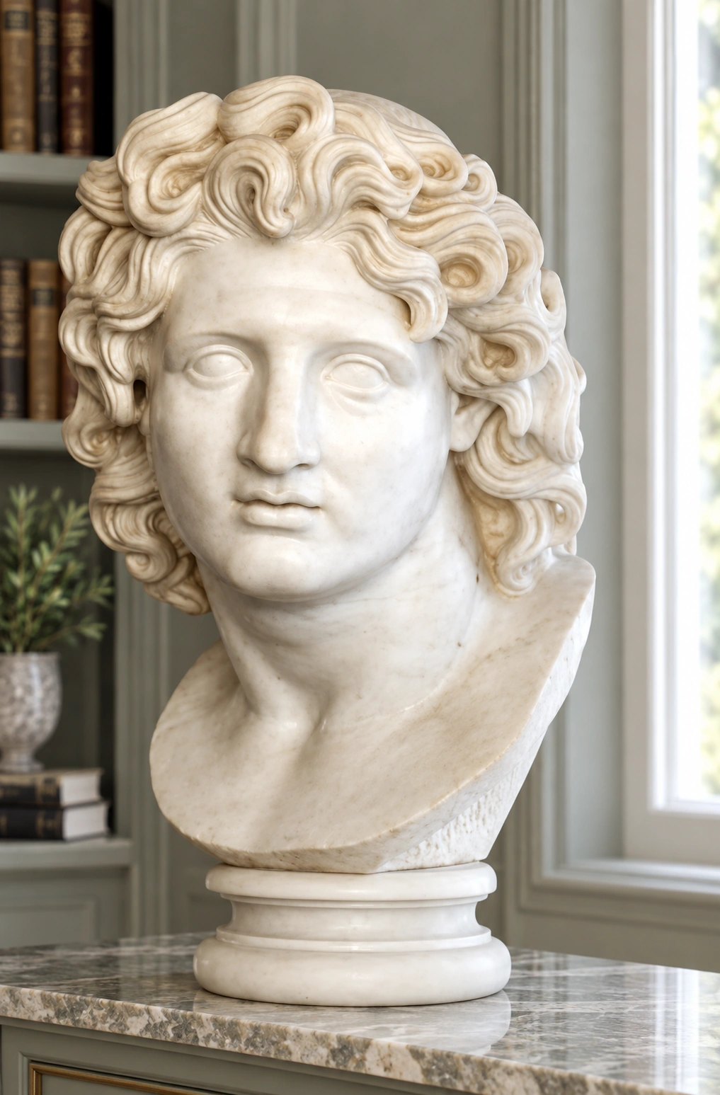 Busto di Alessandro Magno in marmo bianco di Carrara, ambientazione in domestico.