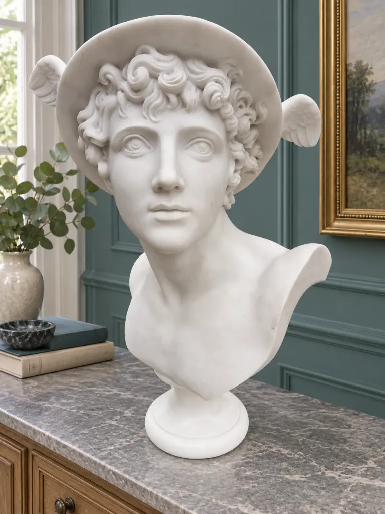 Busto di Mercurio Scolpito in Marmo Bianco, ambientazione in domestico.
