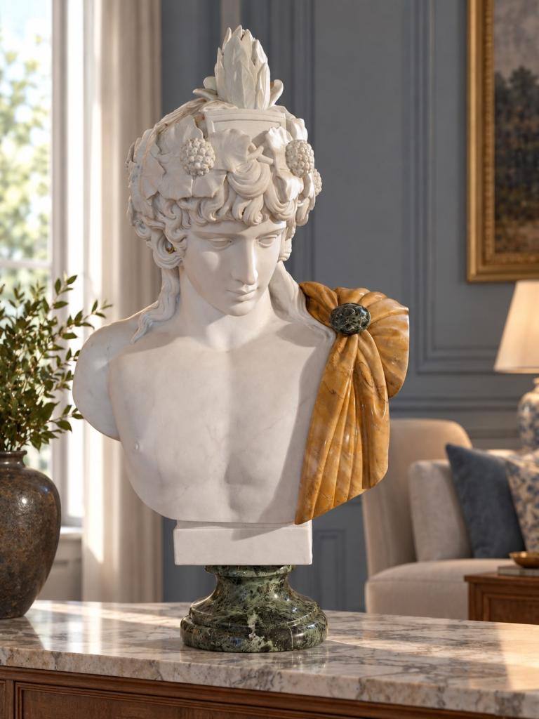 Busto di Dionisio o Bacco in marmo bianco di Carrara e Giallo Siena, con corona scolpita e base verde, ambientato in un elegante interno domestico.