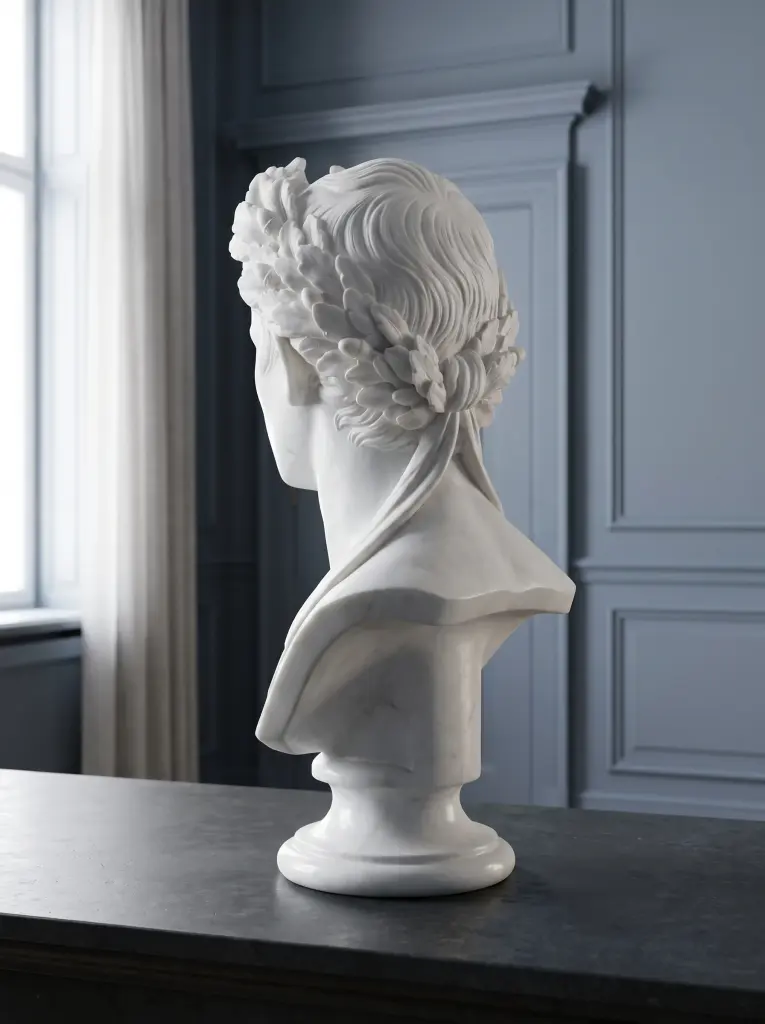 Busto Scultoreo di Cesare Augusto Incoronato Eseguito in Marmo Bianco Carrara Statuario