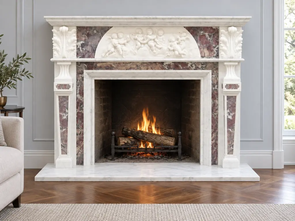 Caminetto artistico Art. 171 LB in marmo bianco con intarsi Fior di Pesco antico, ambientazione in salotto.
