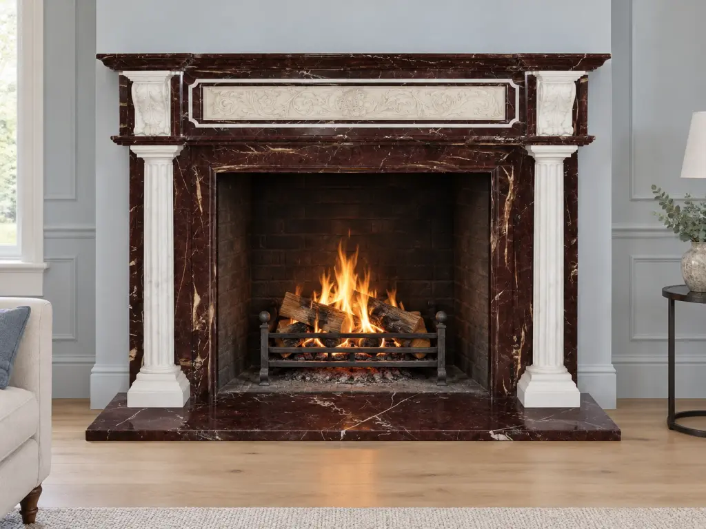 Caminetto Stile Inglese in Marmo Rouge Royal con Colonnine Ioniche in Marmo Bianco Anticato, ambientazione in salotto.