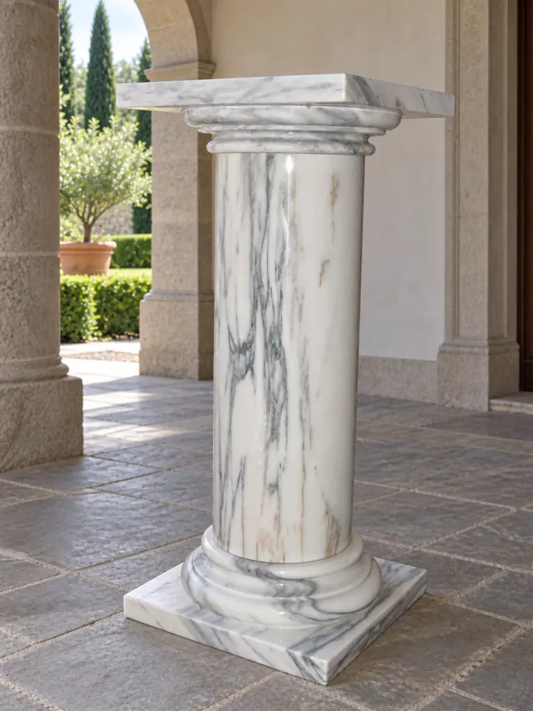 Colonna toscana in marmo bianco statuario, ambientazione in porticato antico.