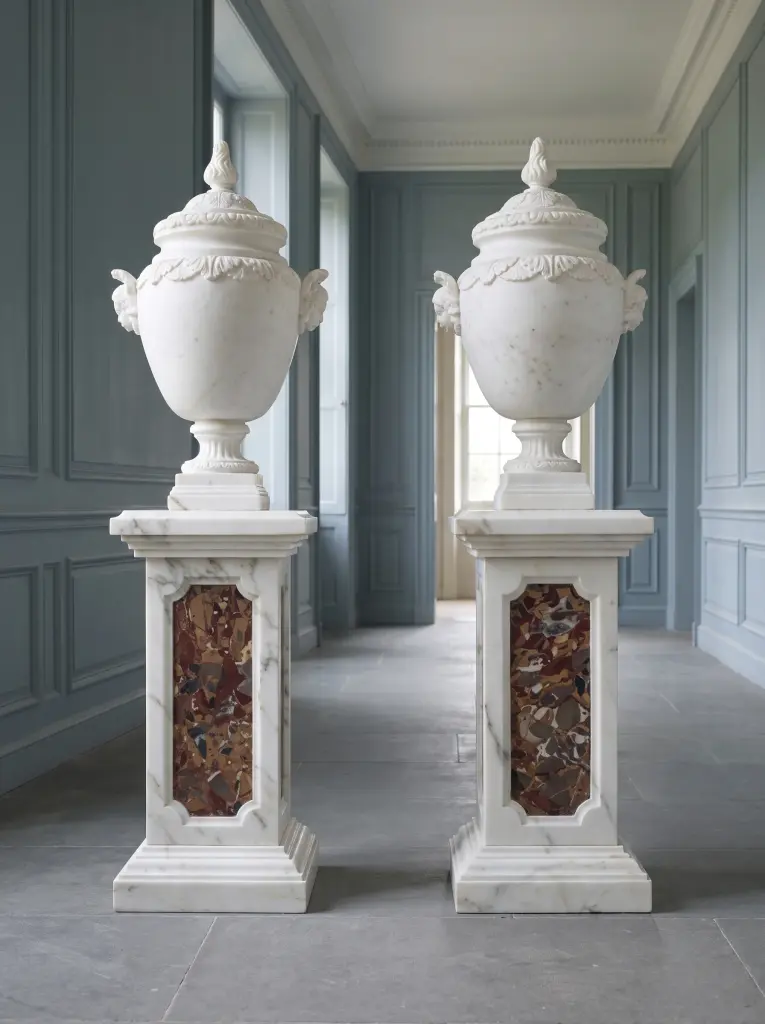 Coppia Vasi Artistici Scolpiti in Marmo Bianco Statuario Finitura Anticata
