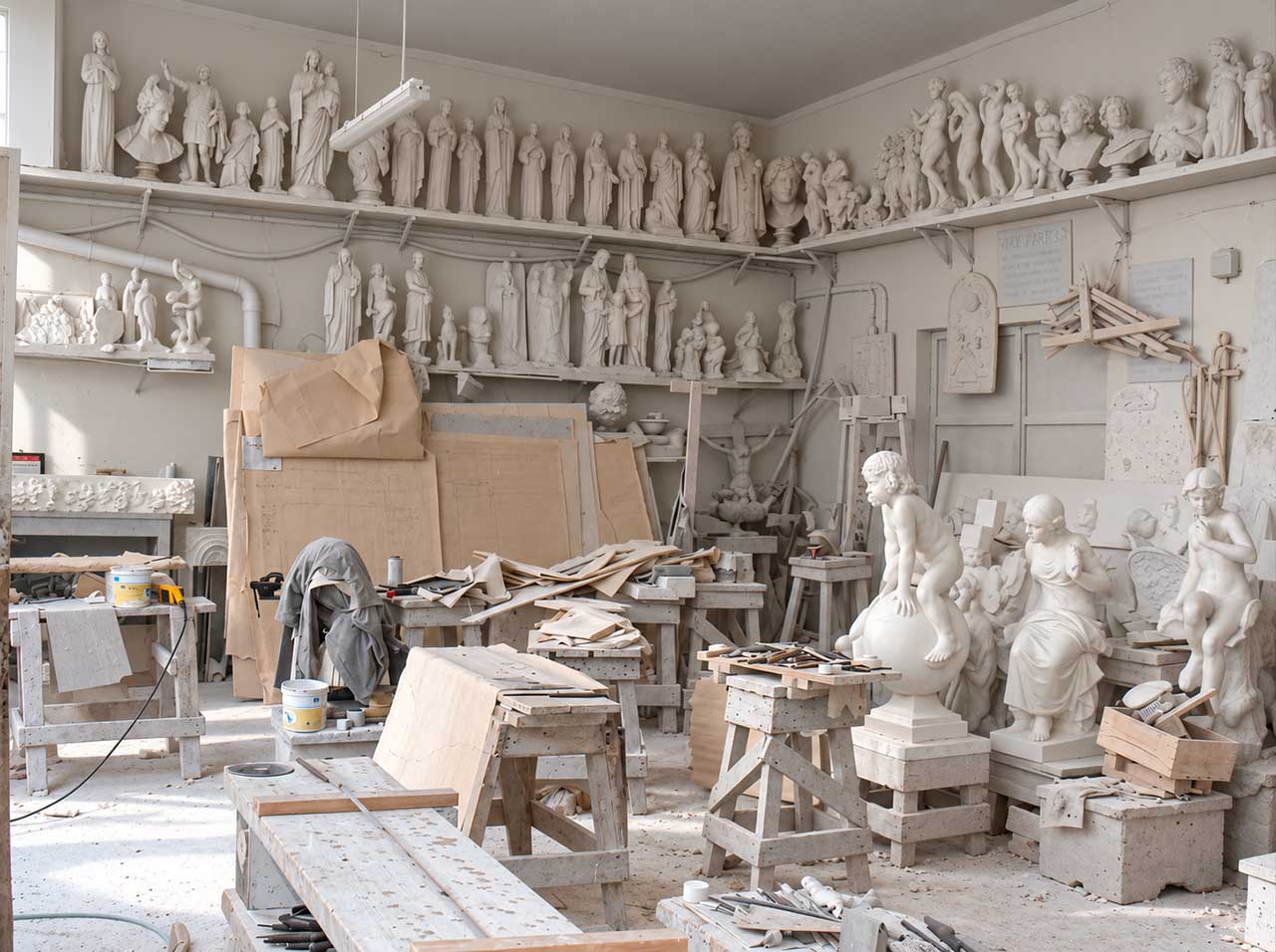 Banchi da lavoro del laboratorio con statue in marmo e scaffali di modelli in gesso
