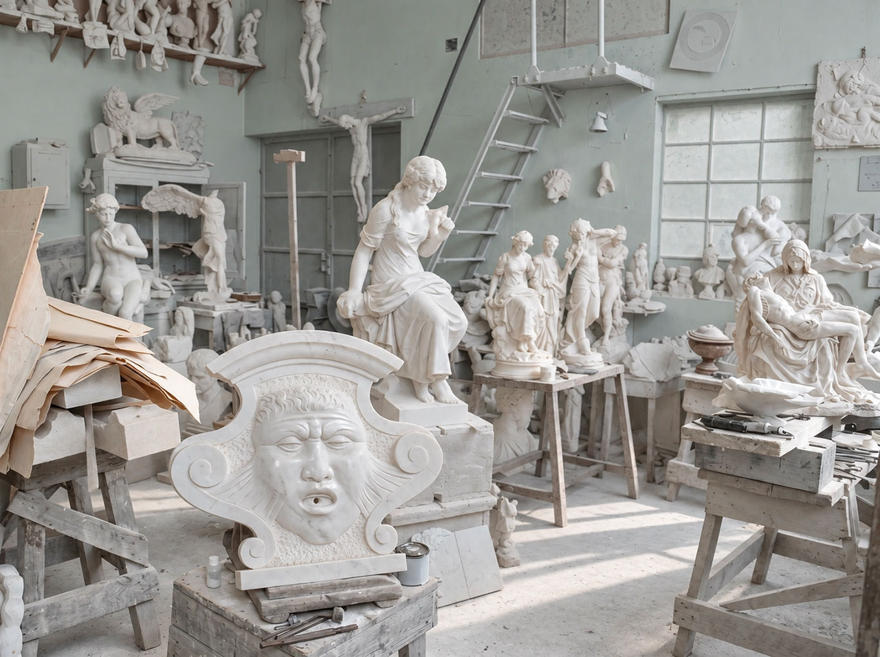Opere in lavorazione nel laboratorio Bertoni: mascherone in marmo, statue e una Pietà