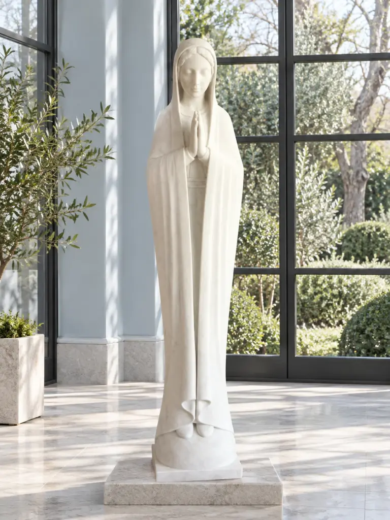 Madonna Moderna in Marmo Bianco, ambientazione in giardino inverno.