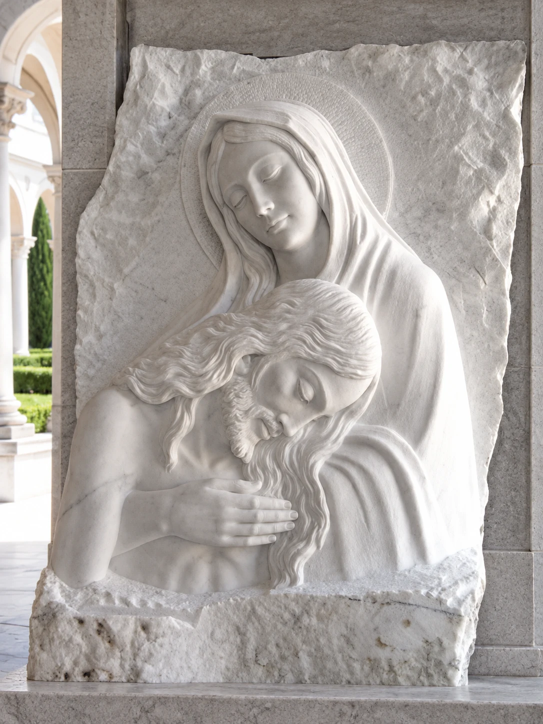 Pietà, ambientazione in porticato antico.