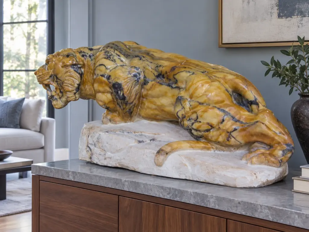 Scultura Tigre in Marmo Giallo Broccatello di Siena, ambientazione in domestico.