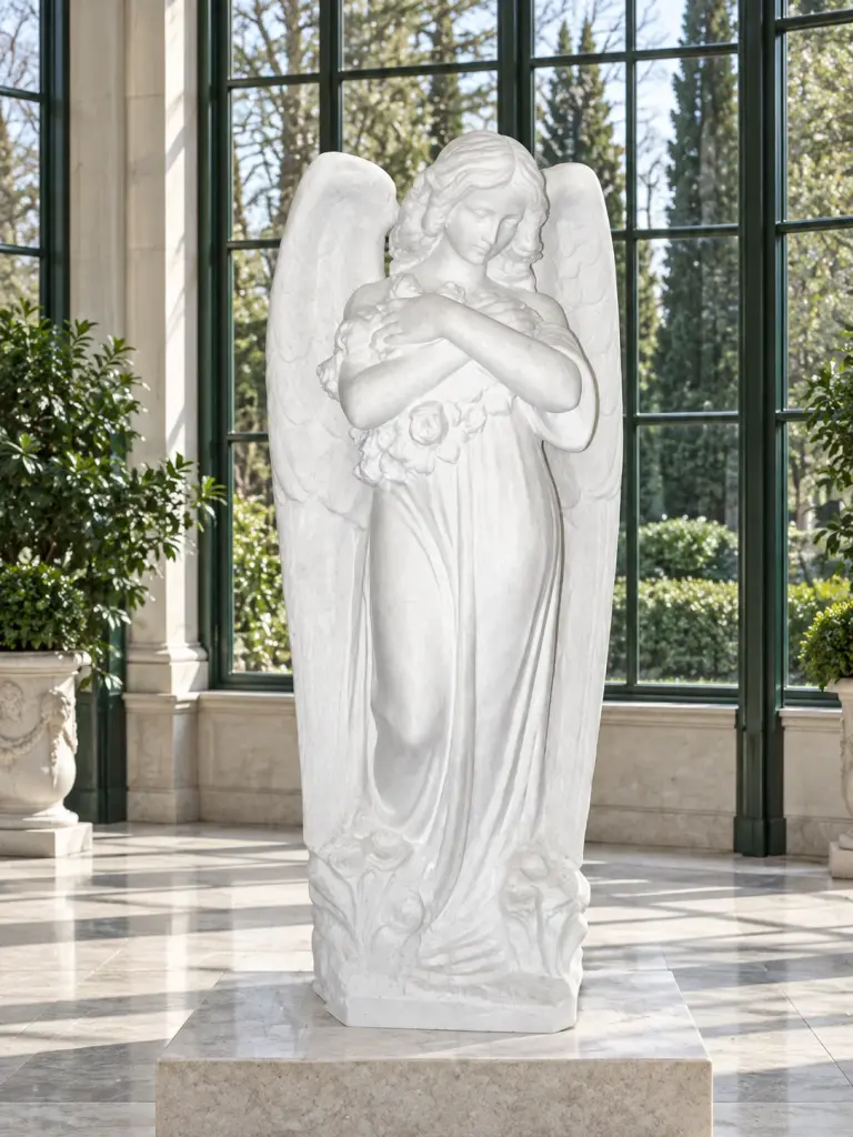 Statua Angelo in Marmo Bianco con Fiori, ambientazione in giardino inverno.