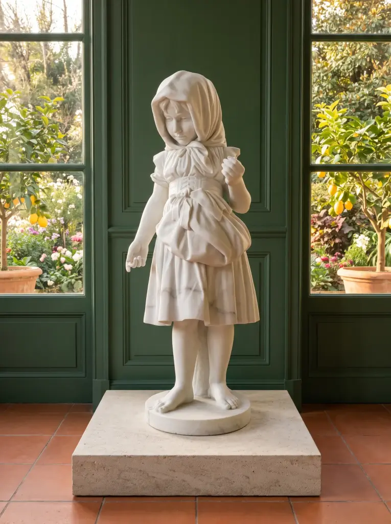 Statua Bambina La Seminatrice in Marmo Bianco di Carrara, ambientazione in giardino d'inverno