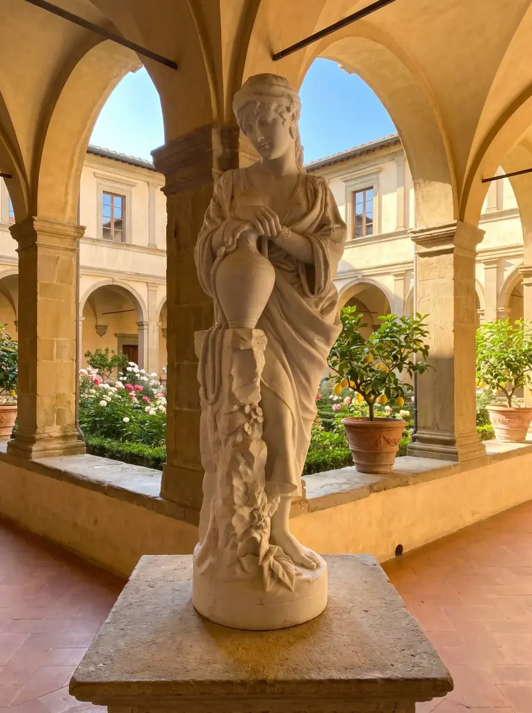Statua della Samaritana al Pozzo in Marmo Bianco di Carrara, ambientazione in porticato