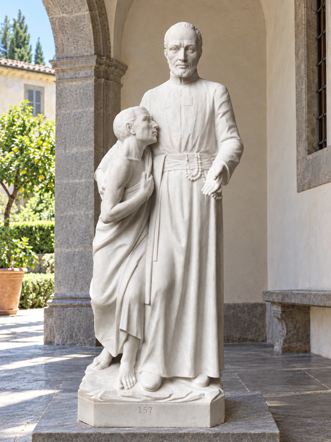 Statua di San Camillo de Lellis in marmo bianco di Carrara, ambientazione in porticato antico.