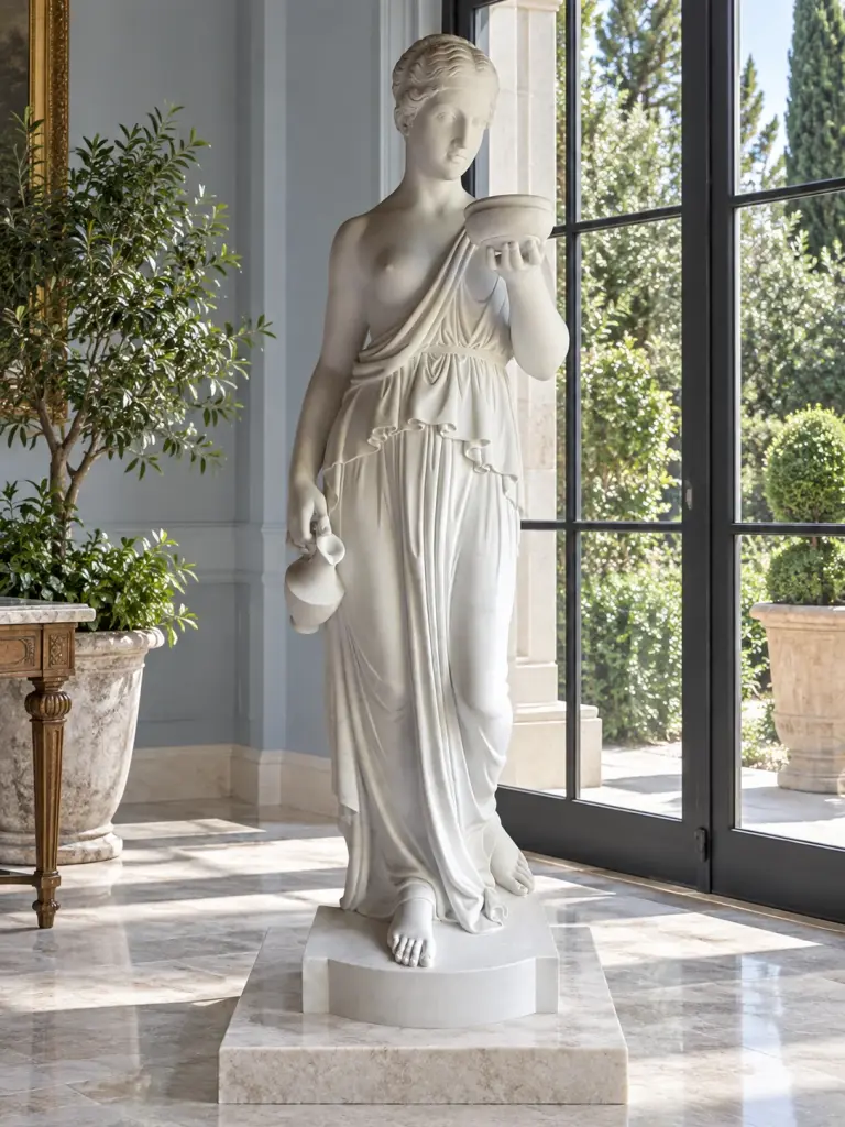 Statua Ebe del Thorvaldsen Scolpita in Marmo Bianco di Carrara, ambientazione in giardino inverno.