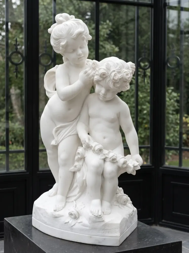 Statua in marmo bianco - gruppo scultoreo di bambine
