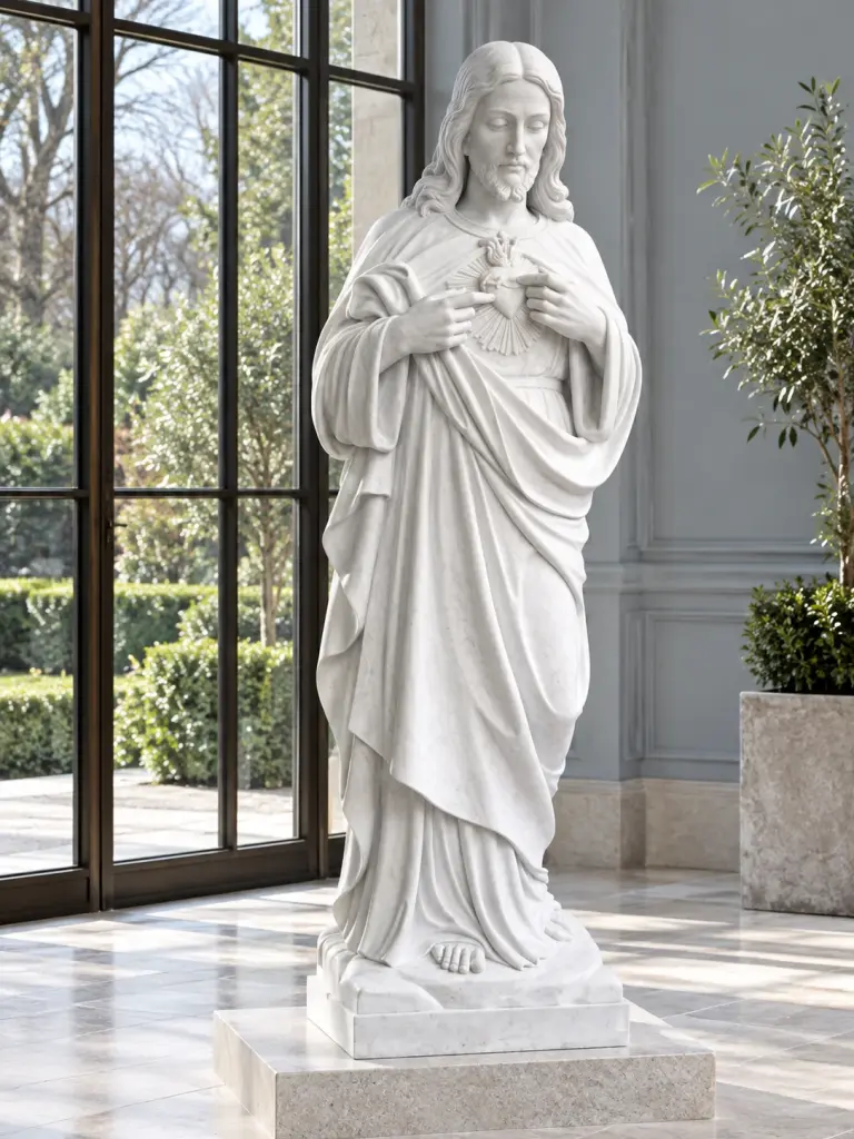 Statua in Marmo Sacro Cuore di Gesù Scolpito Artigianalmente a Mano in Marmo Bianco Carrara, ambientazione in giardino inverno.