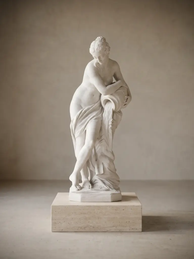 Statua pandora in marmo bianco carrara, con figura femminile appoggiata a un sostegno scolpito con ampio panneggio