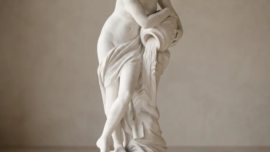 Statua pandora in marmo bianco carrara, con figura femminile appoggiata a un sostegno scolpito con ampio panneggio