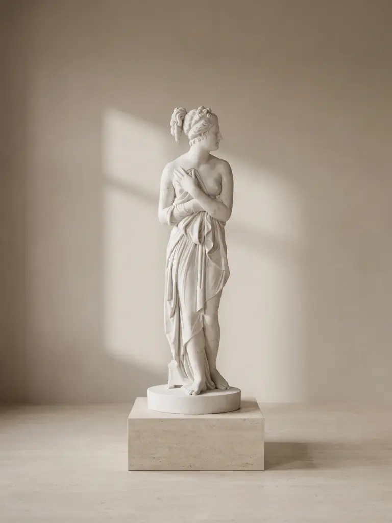 Venere italica del canova in marmo bianco, con figura femminile in piedi avvolta da un panneggio