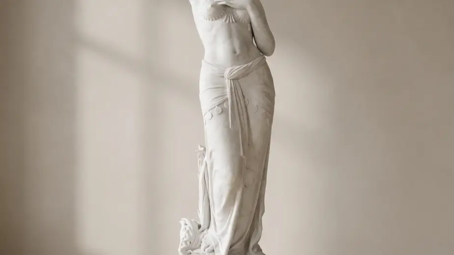 Venere odalisca in marmo bianco carrara, con figura femminile in piedi con un braccio sollevato e panneggio