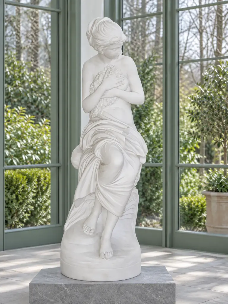 Statua Venere Seduta con Fiori, ambientazione in giardino inverno.