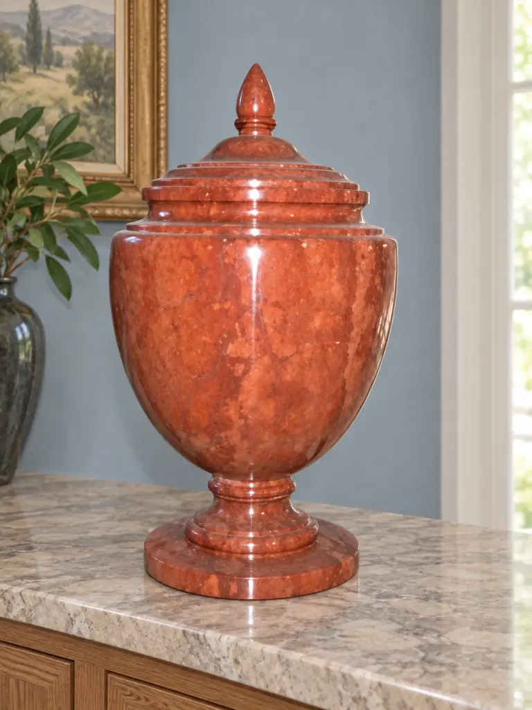 Vaso Ornamentale in Marmo Rosso Porfirico Marmo Antico, ambientazione in domestico.